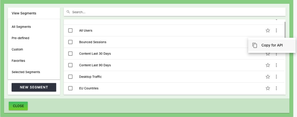 The segment list in the BDA web UI with a segment's three-dot menu open, showing the Copy for API option