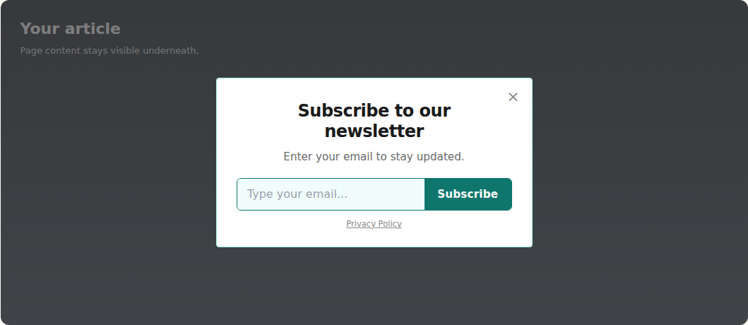 Interstitial newsletter widget with a teal Subscribe button and matching input border