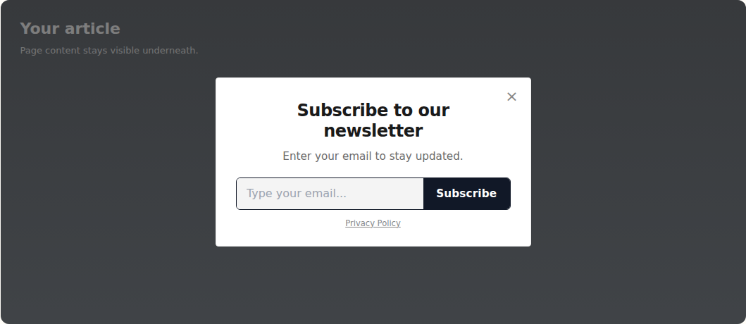 Default interstitial newsletter widget over dimmed page content