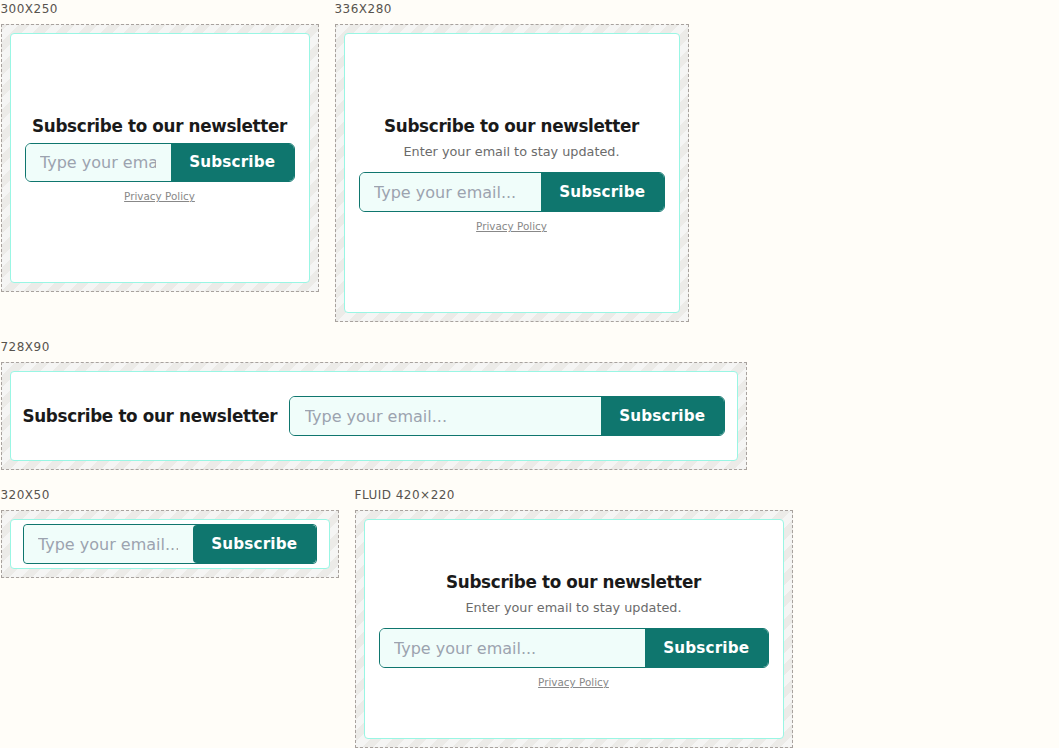 Native newsletter widgets in every size with a teal accent on the Subscribe control