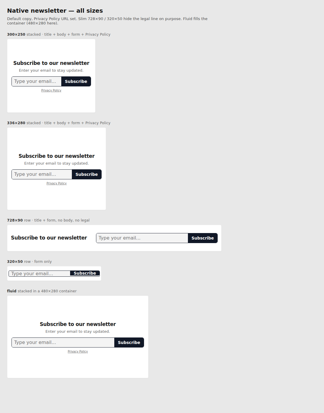 Native newsletter widgets at 300x250, 336x280, 728x90, 320x50, and fluid sizes